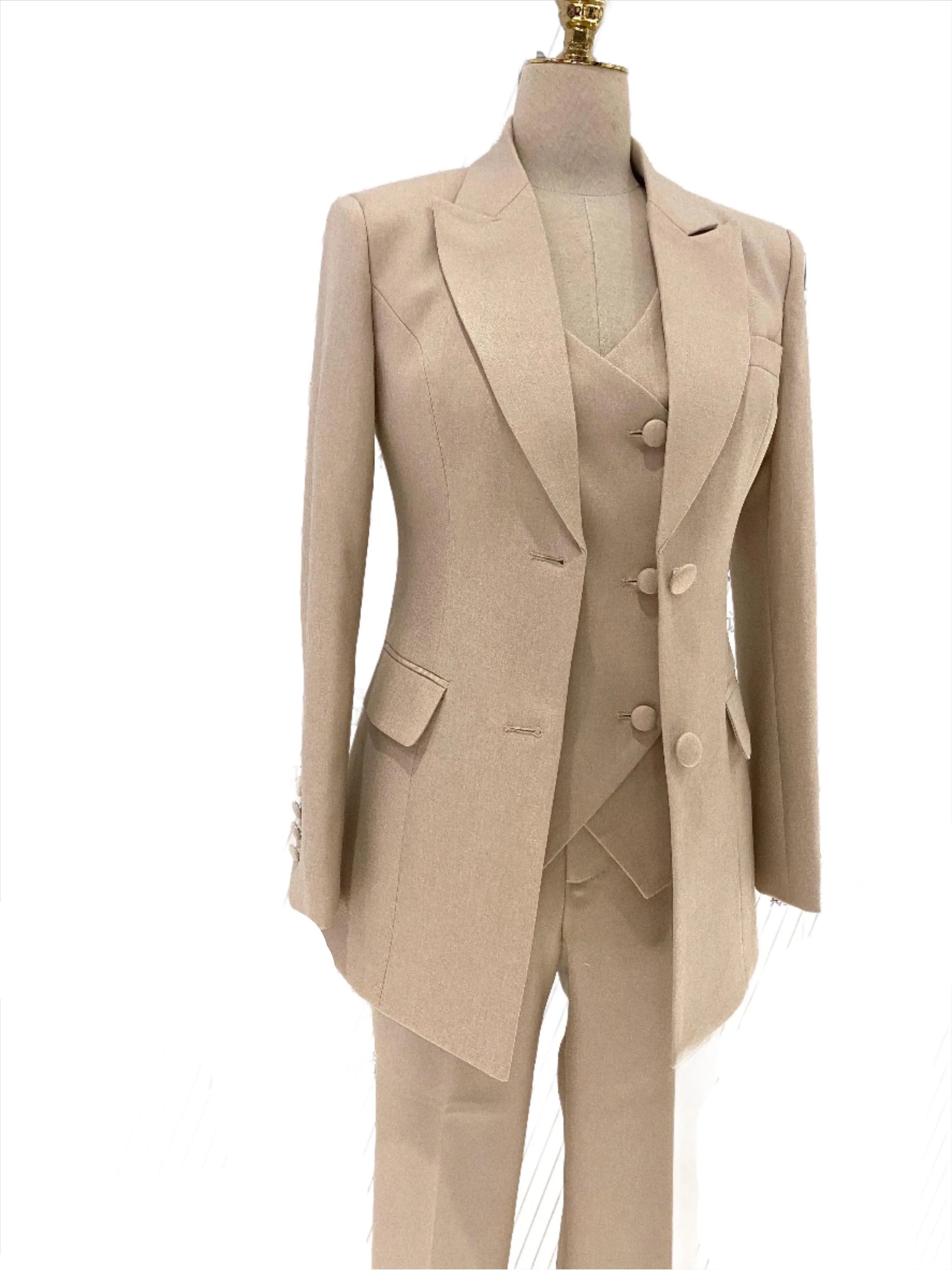 Light Khaki Women Pant Suit - Three Piece Trouser Suit -Guocali