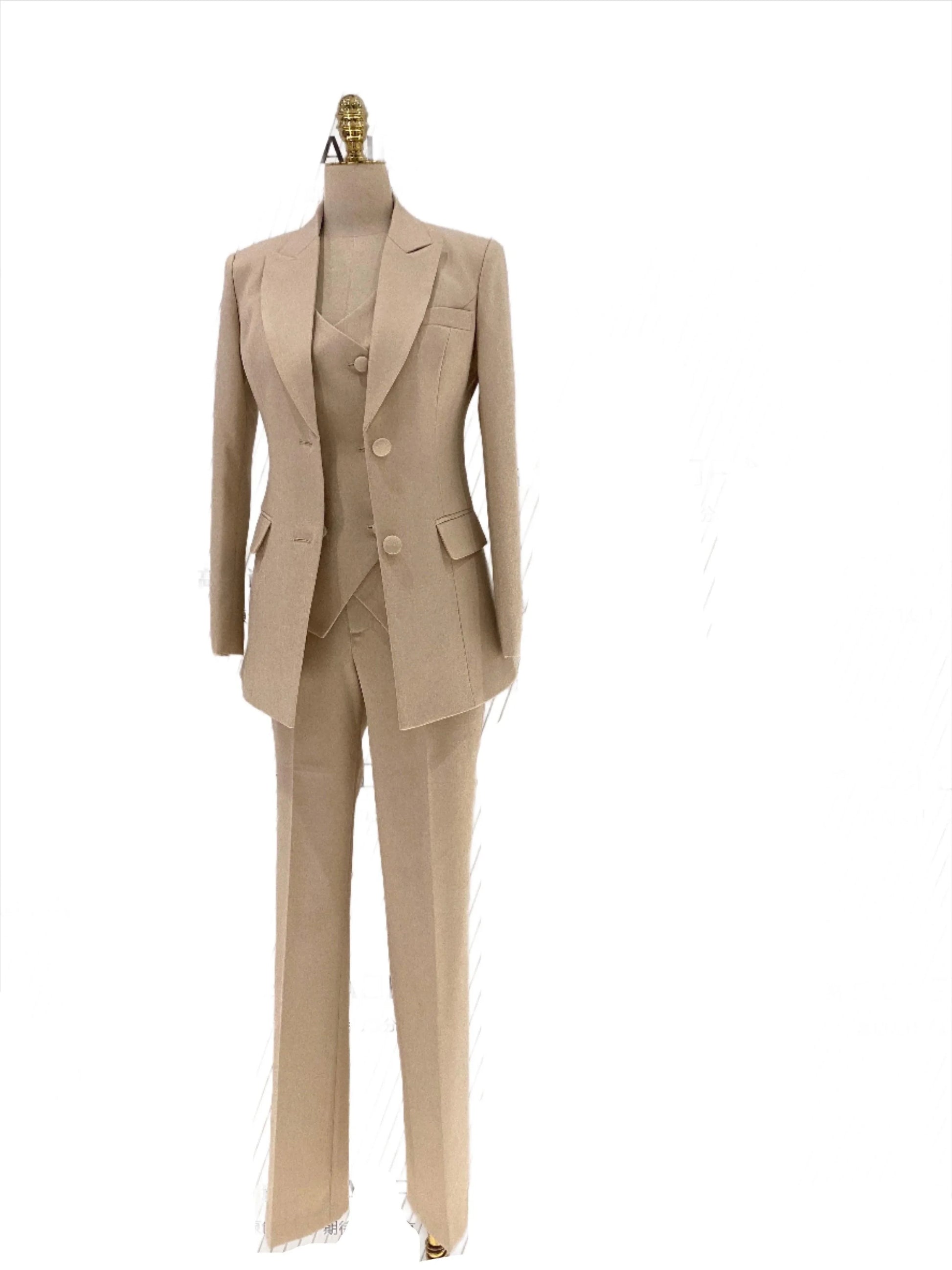 Light Khaki Women Pant Suit - Three Piece Trouser Suit -Guocali