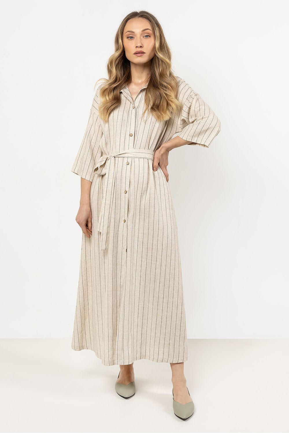 Linen Maxi Shirt Dress – Stand Collar, Stripes – Daydress | GUOCALI – view 3
