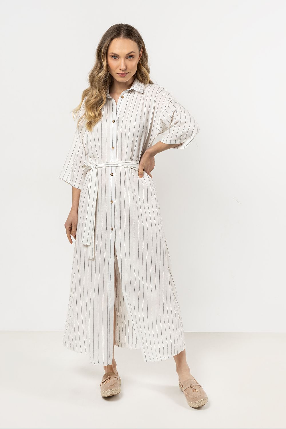Linen Maxi Shirt Dress – Stand Collar, Stripes – Daydress | GUOCALI – view 6