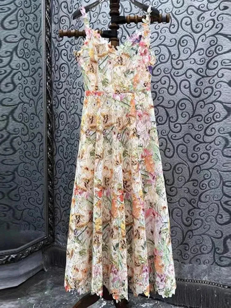 Long Printed 3D Flower Dress -Guocali