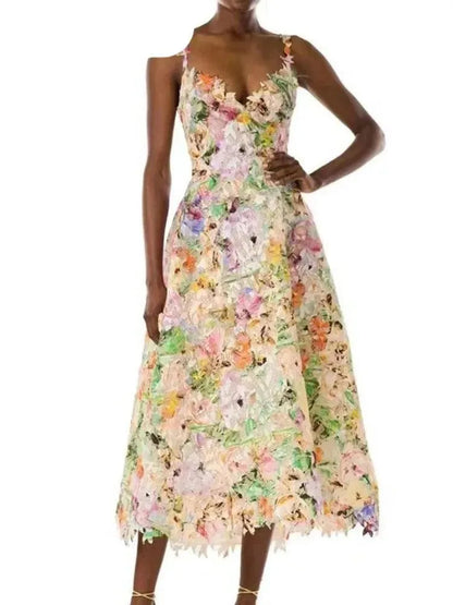 Long Printed 3D Flower Dress -Guocali
