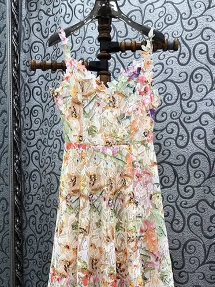 Long Printed 3D Flower Dress -Guocali