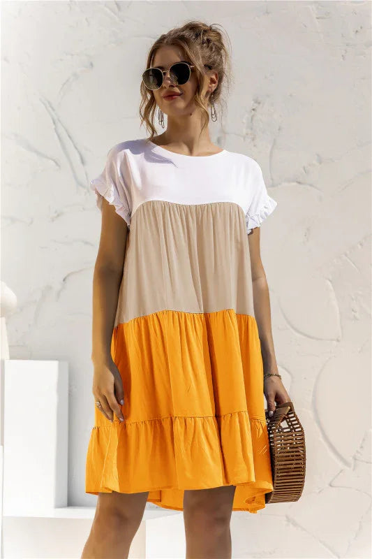 Loose Shirt Dress – Round Neck, Color Block – Shirt Dress | GUOCALI – view 3