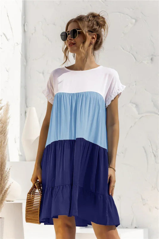 Loose Shirt Dress – Round Neck, Color Block – Shirt Dress | GUOCALI – view 7