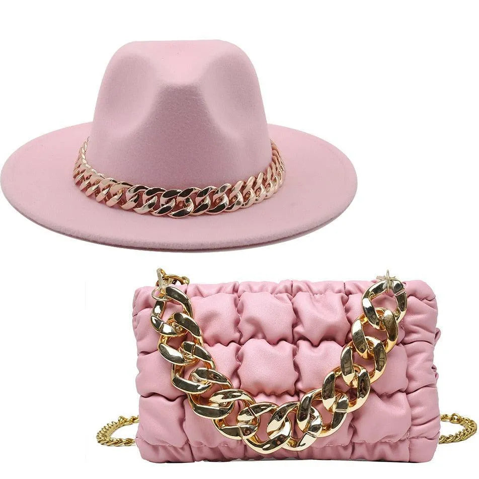 Luxury Fedora Hat And Oversized Chain Handbag -Guocali