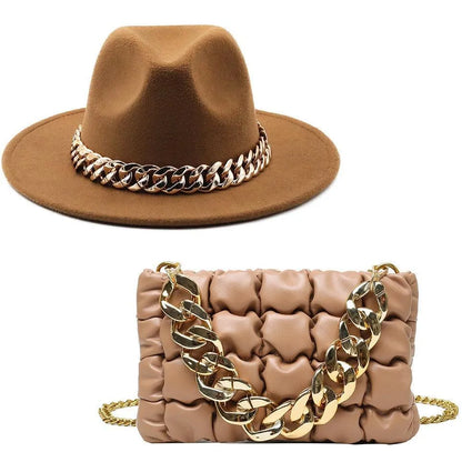 Luxury Fedora Hat And Oversized Chain Handbag -Guocali