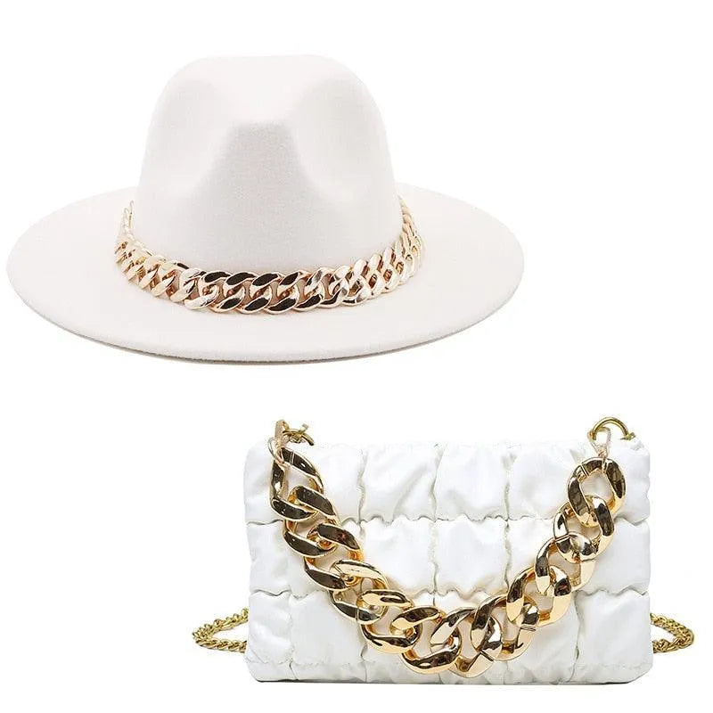 Luxury Fedora Hat And Oversized Chain Handbag -Guocali