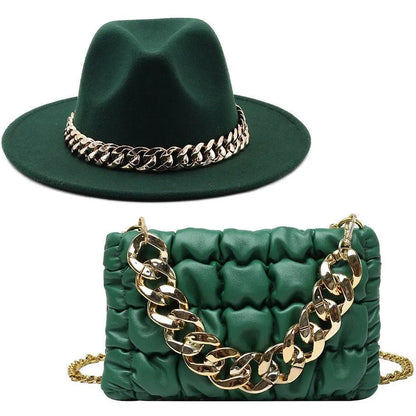 Luxury Fedora Hat And Oversized Chain Handbag -Guocali