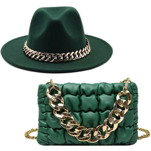 Luxury Fedora Hat And Oversized Chain Handbag -Guocali