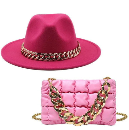 Luxury Fedora Hat And Oversized Chain Handbag -Guocali