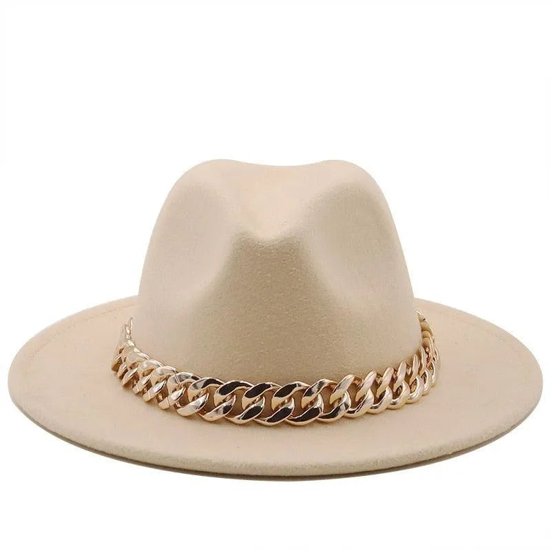 Beige luxury fedora hat with wide brim and gold chain band.