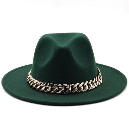 Green luxury fedora hat with gold chain detail on white background
