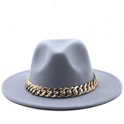 Gray luxury fedora hat with wide brim and gold chain, stylish headwear on white background