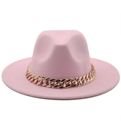 Pink luxury fedora hat with wide brim and gold chain accent