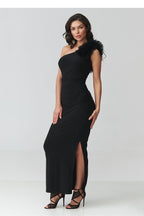 Maxi Dress – Asymmetric Neck, Fitted Cut, Ruching, Black – Daydress | GUOCALI – view 2