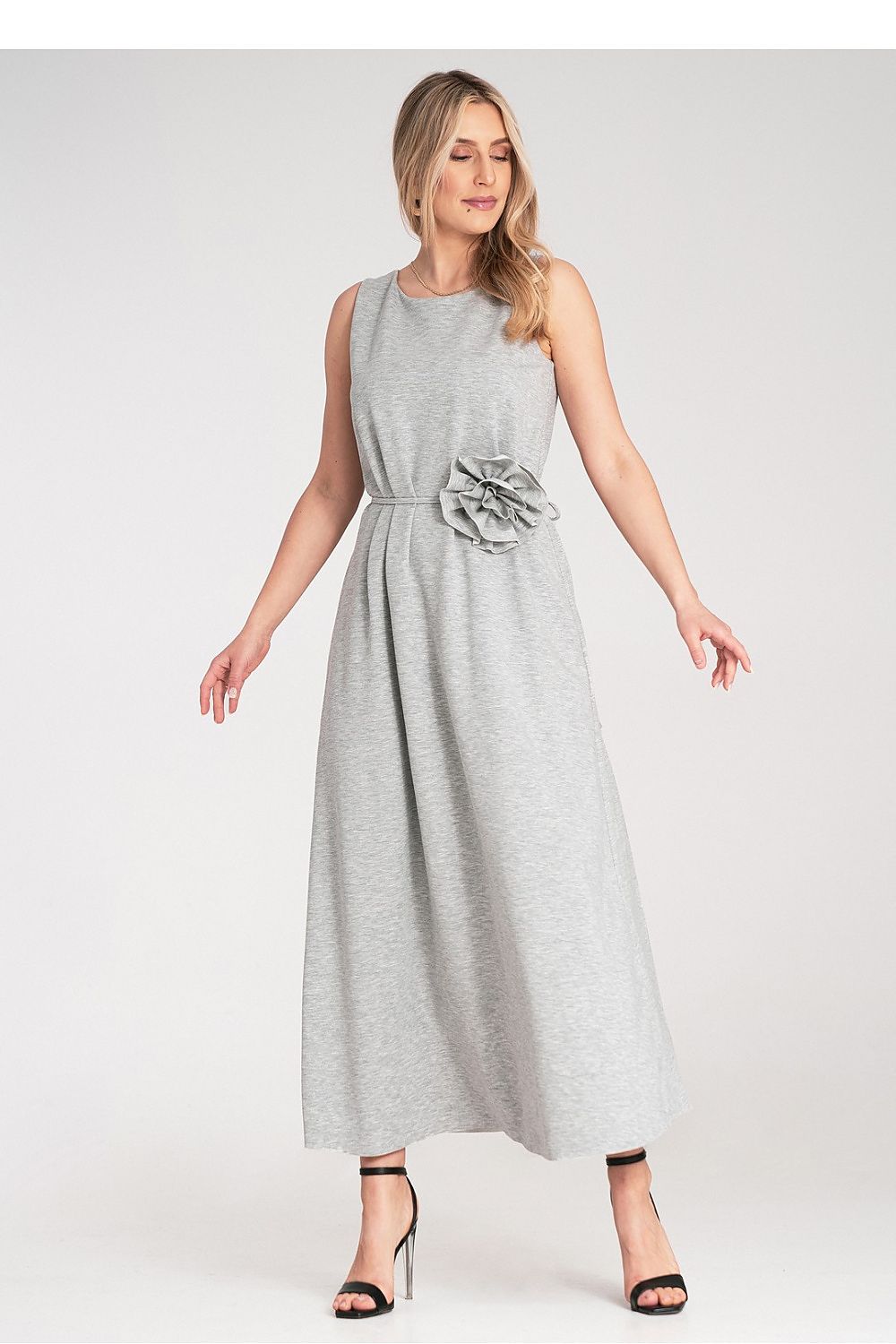 Maxi Dress – Round Neck, A-Line, Floral Belt – Daydress | GUOCALI – view 4