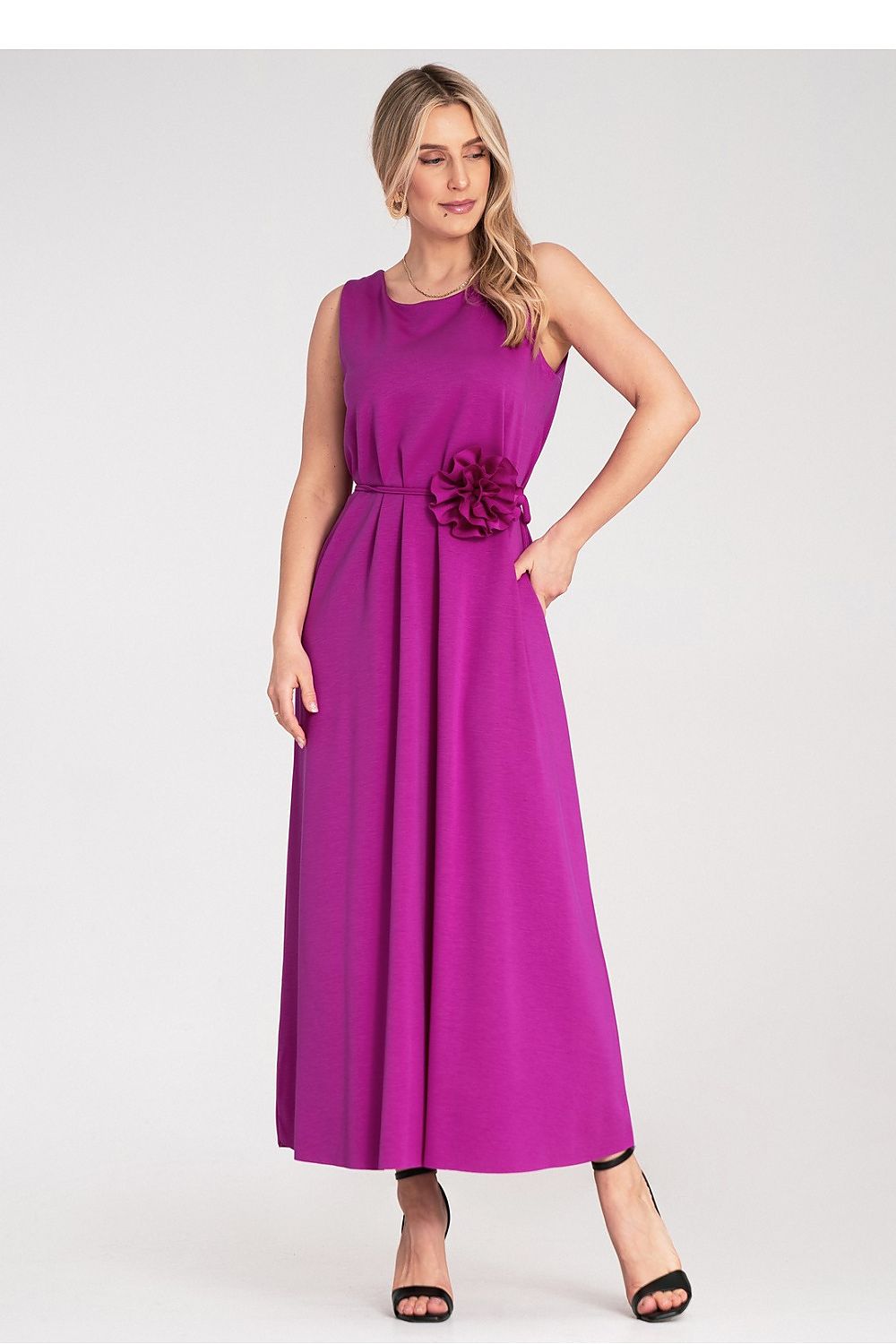 Maxi Dress – Round Neck, A-Line, Floral Belt – Daydress | GUOCALI – view 9