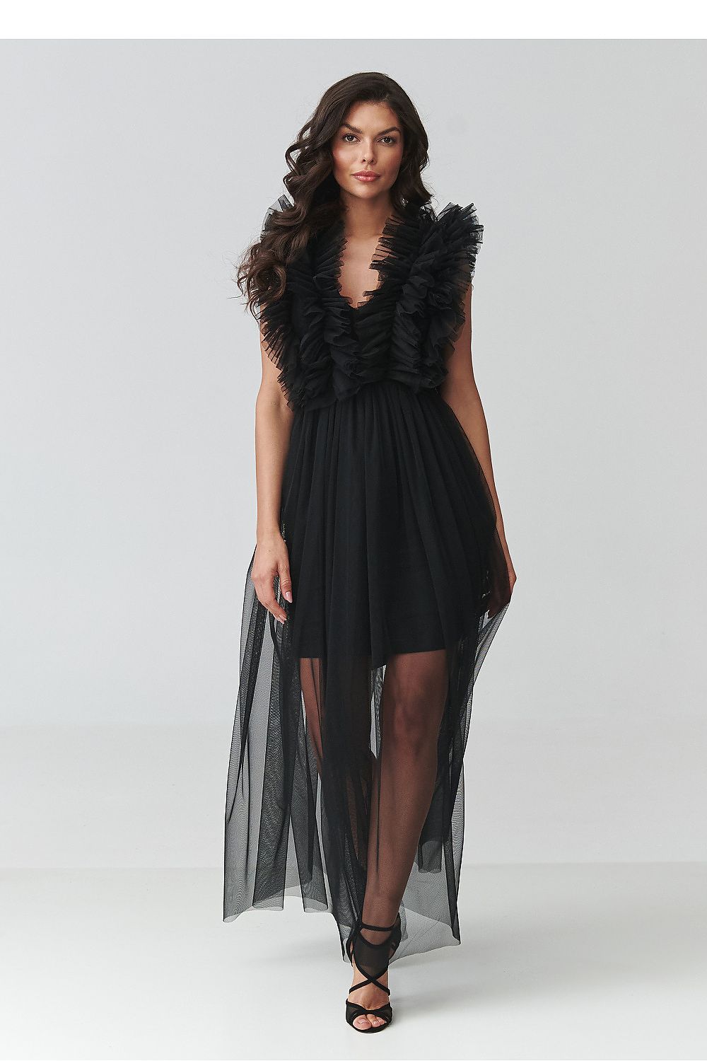 Maxi Wedding Guest Dress – V-Neck, Fitted Cut, Tiered Skirt, Black – Daydress | GUOCALI