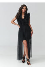 Maxi Wedding Guest Dress – V-Neck, Fitted Cut, Tiered Skirt, Black – Daydress | GUOCALI – view 2