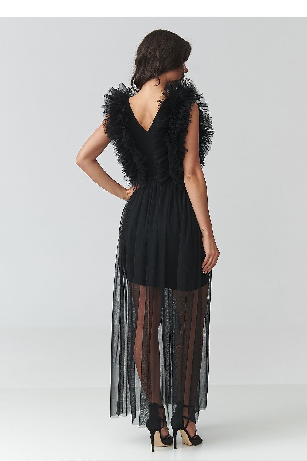 Maxi Wedding Guest Dress – V-Neck, Fitted Cut, Tiered Skirt, Black – Daydress | GUOCALI – view 3