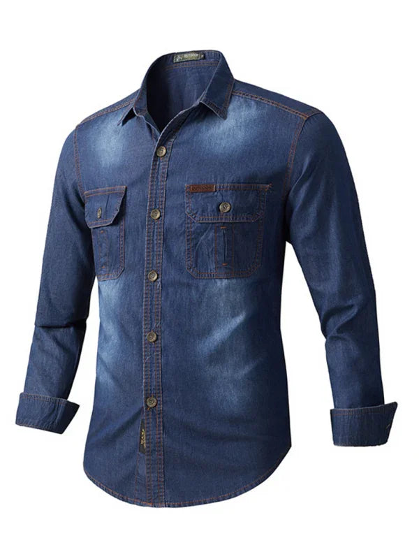 Men Casual Long Sleeves Work Denim Shirt – Breathable - Blue -Guocali