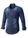 Men Casual Long Sleeves Work Denim Shirt – Breathable - Blue -Guocali