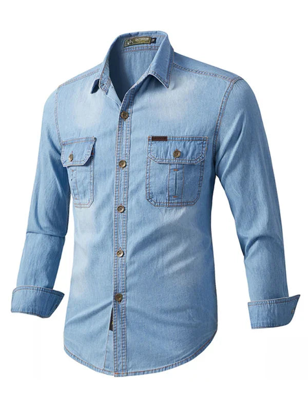 Men Casual Long Sleeves Work Denim Shirt – Breathable - Blue -Guocali