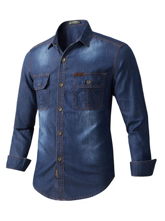 Men Casual Long Sleeves Work Denim Shirt – Breathable - Blue -Guocali