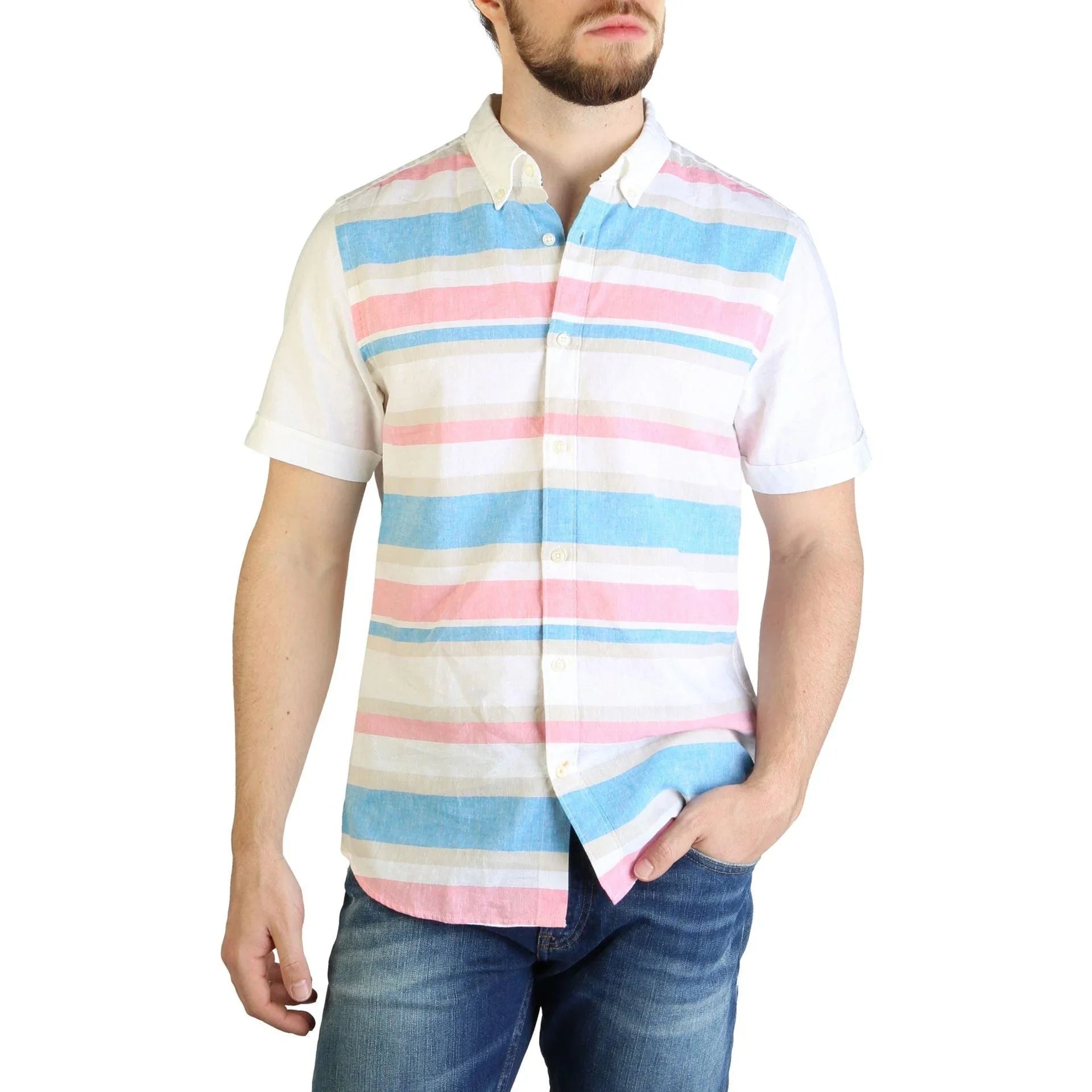 Men Casual Short Sleeves Button-Down Shirt – Breathable - White, Blue, Pink -Guocali