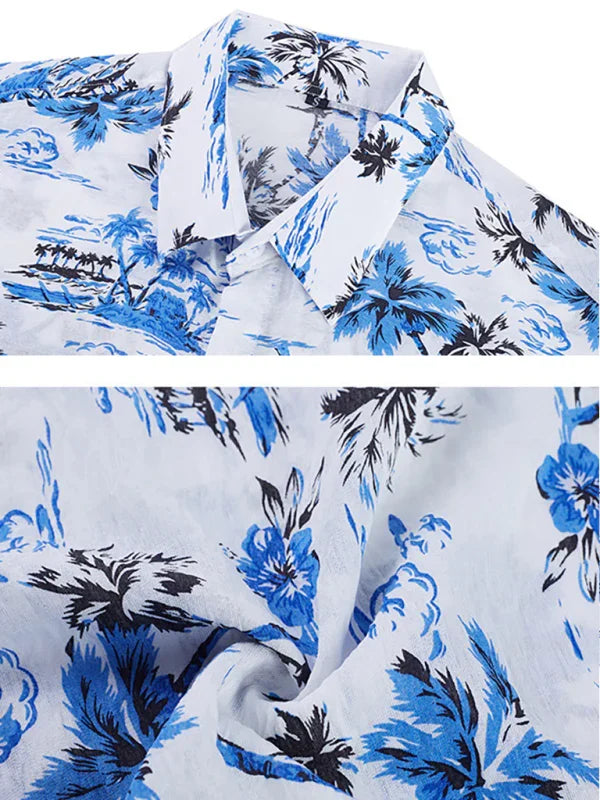 Men Casual Short Sleeves Hawaiian Shirt – Lightweight - Blue, White -Guocali