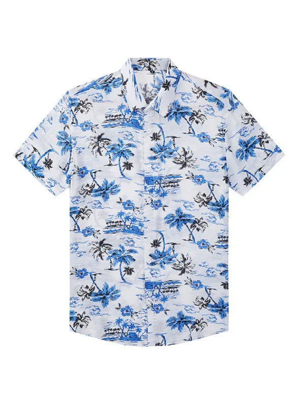 Men Casual Short Sleeves Hawaiian Shirt – Lightweight - Blue, White -Guocali
