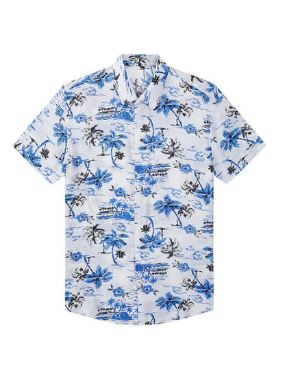Men Casual Short Sleeves Hawaiian Shirt – Lightweight - Blue, White -Guocali