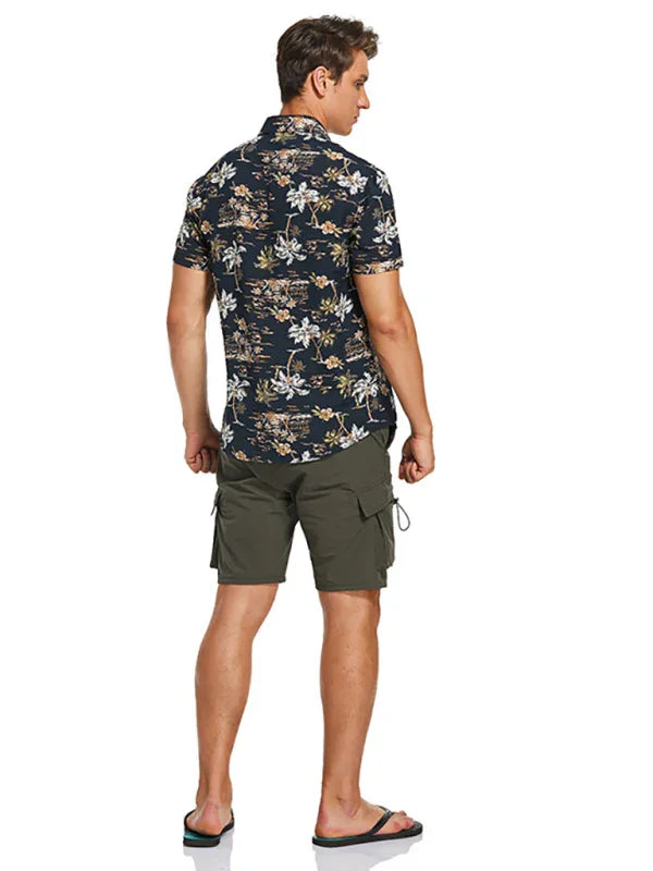 Men Casual Short Sleeves Hawaiian Shirt – Lightweight - Blue, White -Guocali