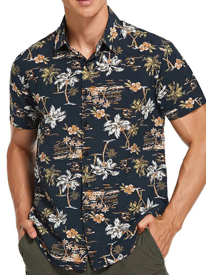 Men Casual Short Sleeves Hawaiian Shirt – Lightweight - Blue, White -Guocali