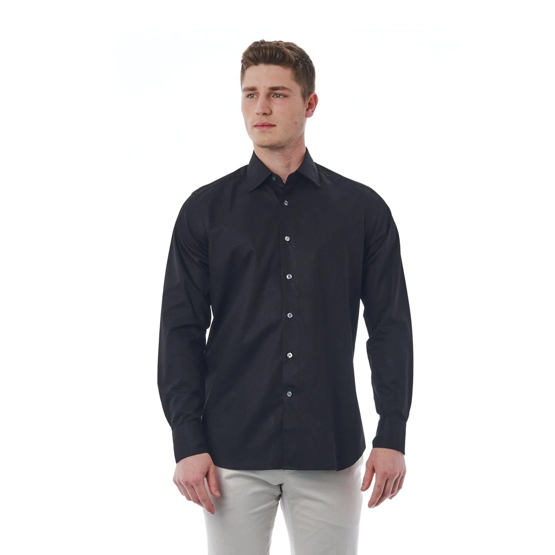 Men Cotton Long Sleeves Regular Fit Point Collar Dress Shirt – Breathable - Black -Guocali