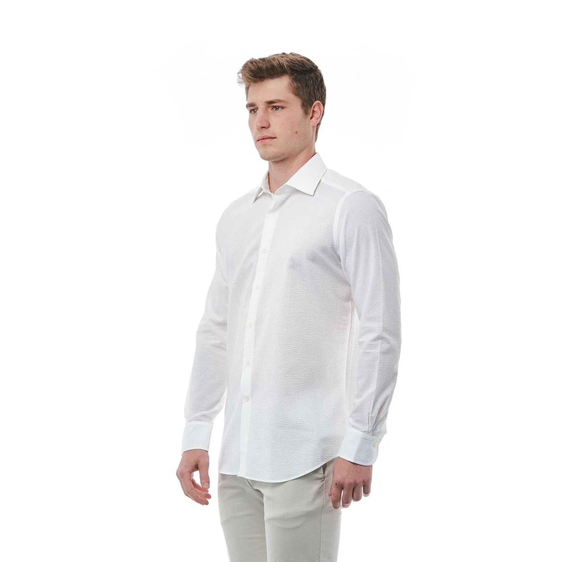 Men Cotton Long Sleeves Regular Fit Point Collar Dress Shirt – Breathable - White -Guocali