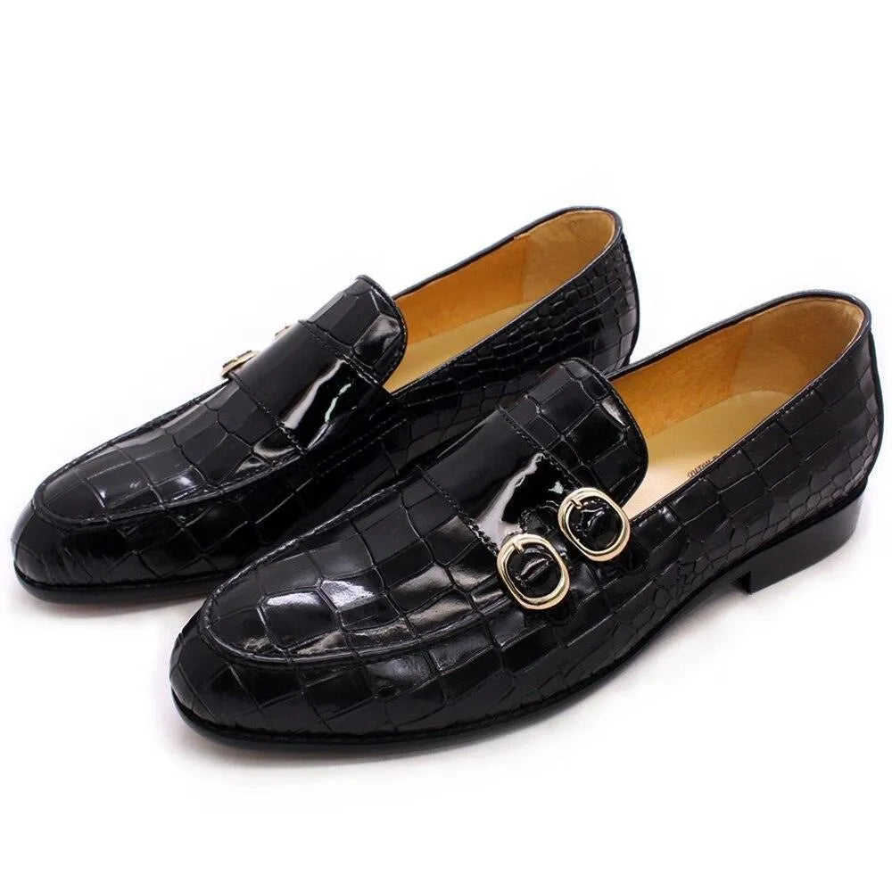 GUOCALI black leather men's dress loafers with crocodile pattern and gold monk straps