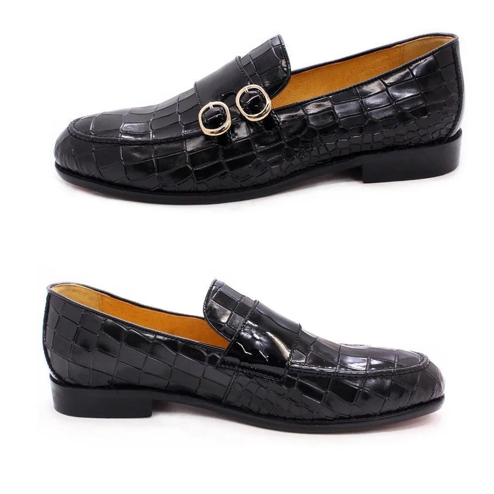 GUOCALI men's black crocodile-patterned dress loafers with dual gold buckles, luxury formal shoes
