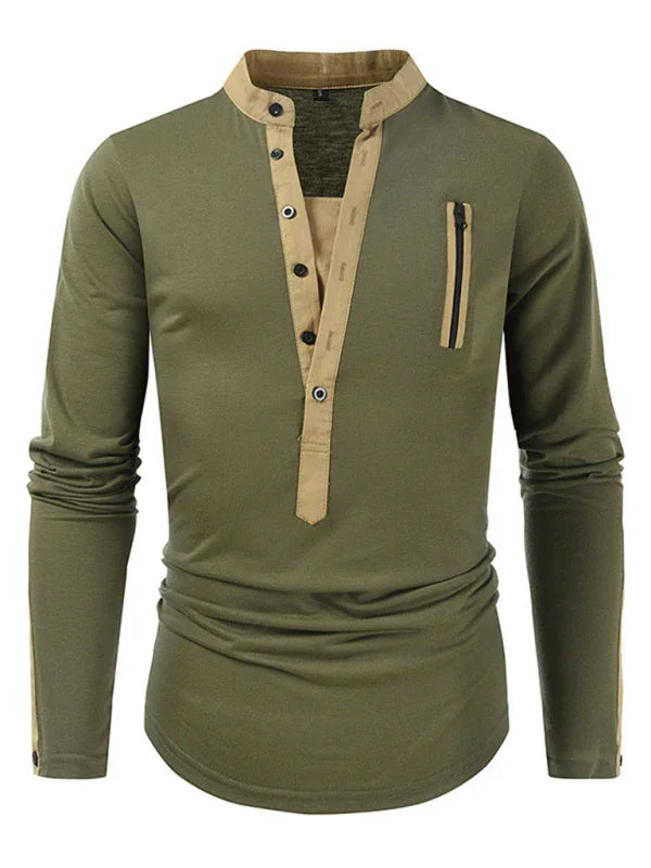 Men Henley Long-Sleeves T-Shirt – Breathable - Green, Beige -Guocali