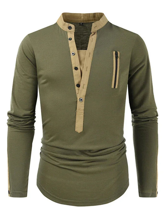 Men Henley Long-Sleeves T-Shirt – Breathable - Green, Beige -Guocali