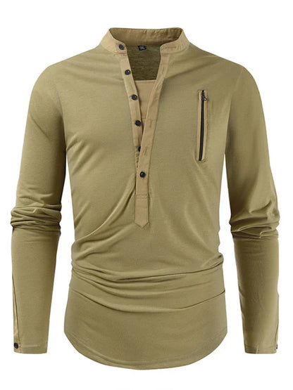 Men Henley Long-Sleeves T-Shirt – Breathable - Green, Beige -Guocali