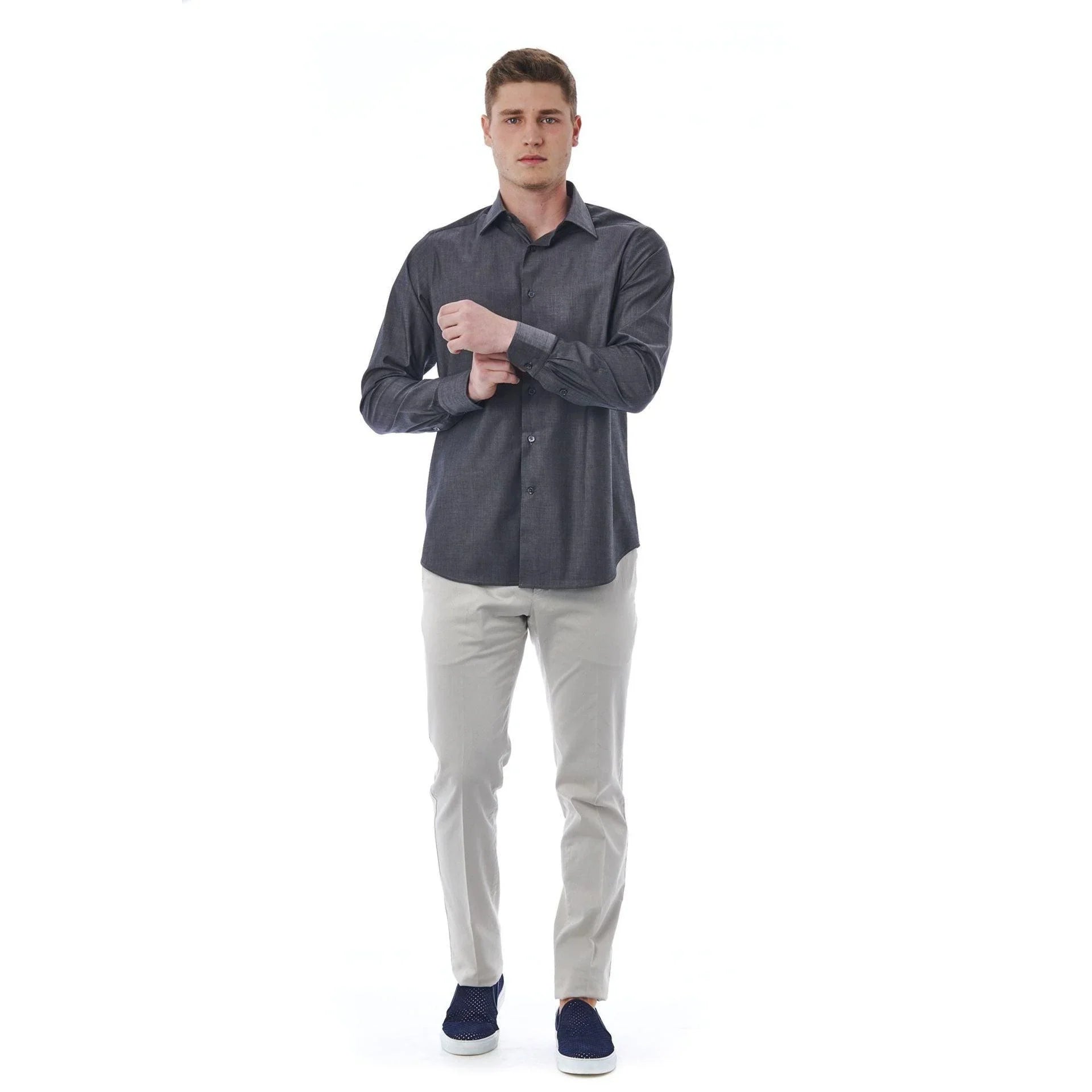 Men Long Sleeves Cotton Dress Shirt – Stretchable - Gray -Guocali