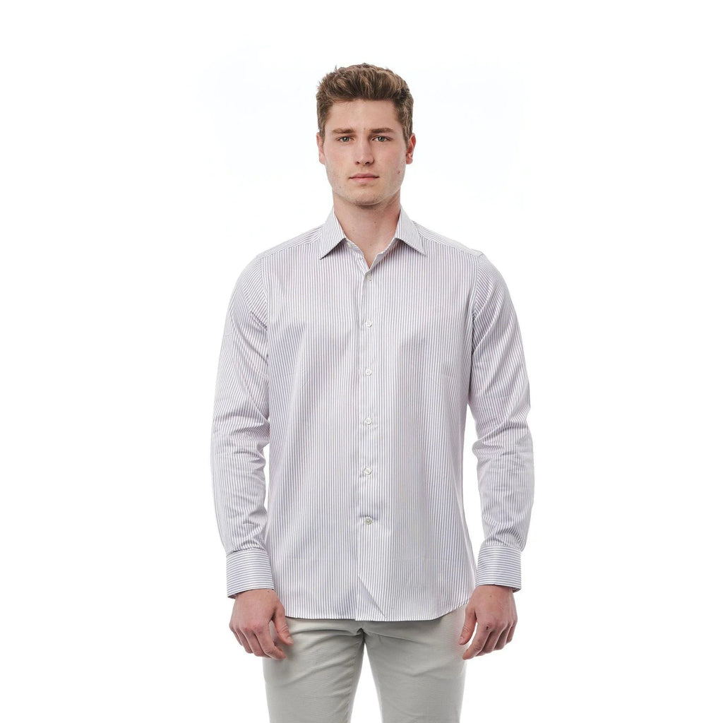 Men Long Sleeves Cotton Striped Dress Shirt – Breathable - White -Guocali