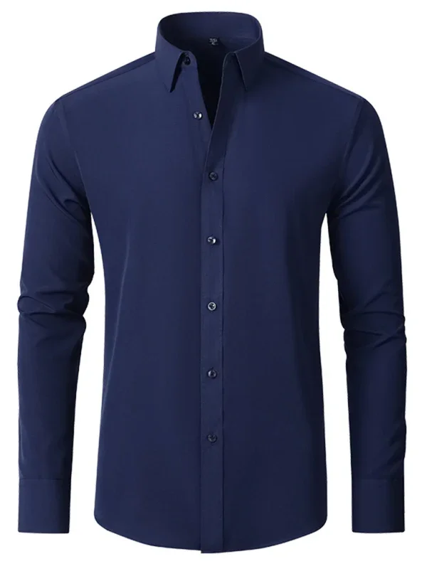 Men Long Sleeves Regular Fit Button-Down Shirt – Wrinkle-Resistant - Navy, Blue -Guocali