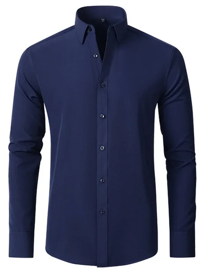 Men Long Sleeves Regular Fit Button-Down Shirt – Wrinkle-Resistant - Navy, Blue -Guocali