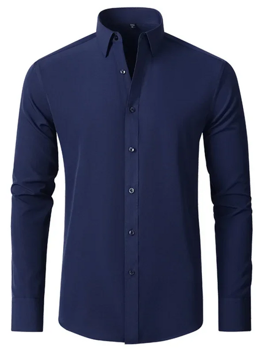 Men Long Sleeves Regular Fit Button-Down Shirt – Wrinkle-Resistant - Navy, Blue -Guocali