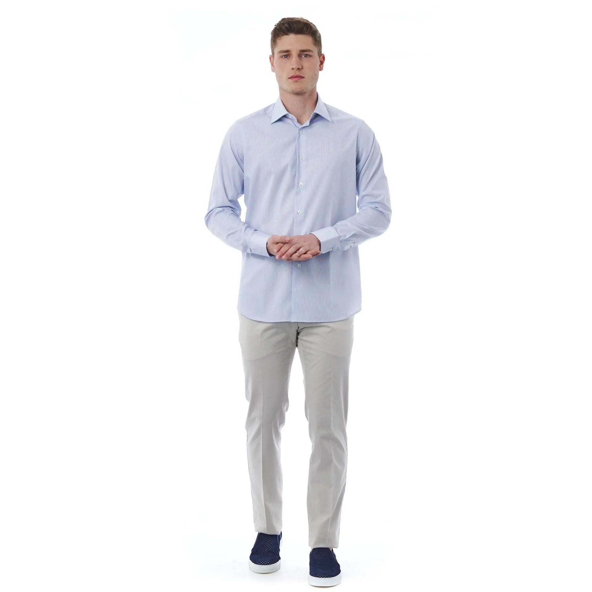 Men Long Sleeves Regular Fit Cotton Dress Shirt – Breathable - Blue -Guocali