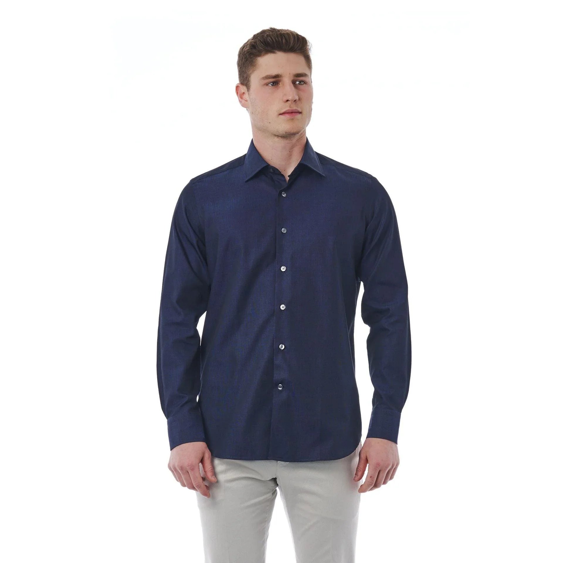 Men Long Sleeves Regular Fit Cotton Dress Shirt – Breathable - Navy, Blue -Guocali