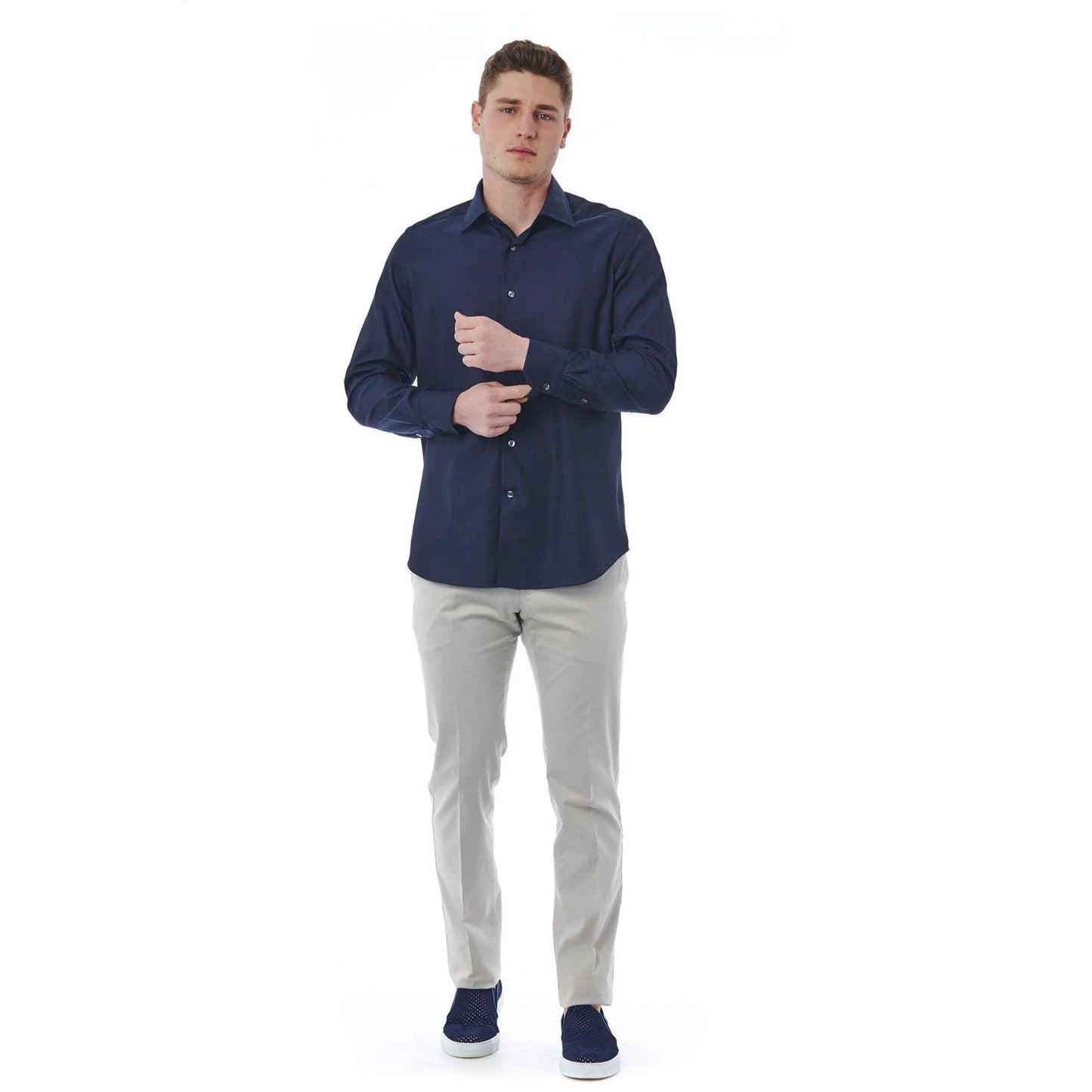 Men Long Sleeves Regular Fit Cotton Dress Shirt – Breathable - Navy, Blue -Guocali